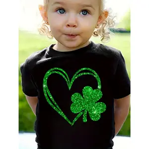 Girls St. Patrick'S Day Clover LovPrint 100% cotton Short Sleeve T-shirt, Comfy Casual Tees For Girls Summer