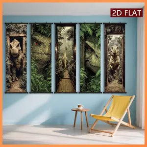 5pcs Paintings Dinosaur Forest Plastic Scroll Wall Art Jurassic Theme Canvas Print Decoration High Definition Anti-fade Odorless Ink Artwork Suitable for Living Room Bedroom and Other Background Wall Decoration Posters