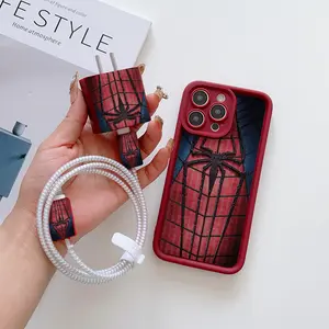 6-Piece Set High Bamboo Spider Web Phone Case + Charger Head Cover + Cable Protector + Storage Rope + Data Line Protection Phone Accessory Compatible for iPhone Accessories