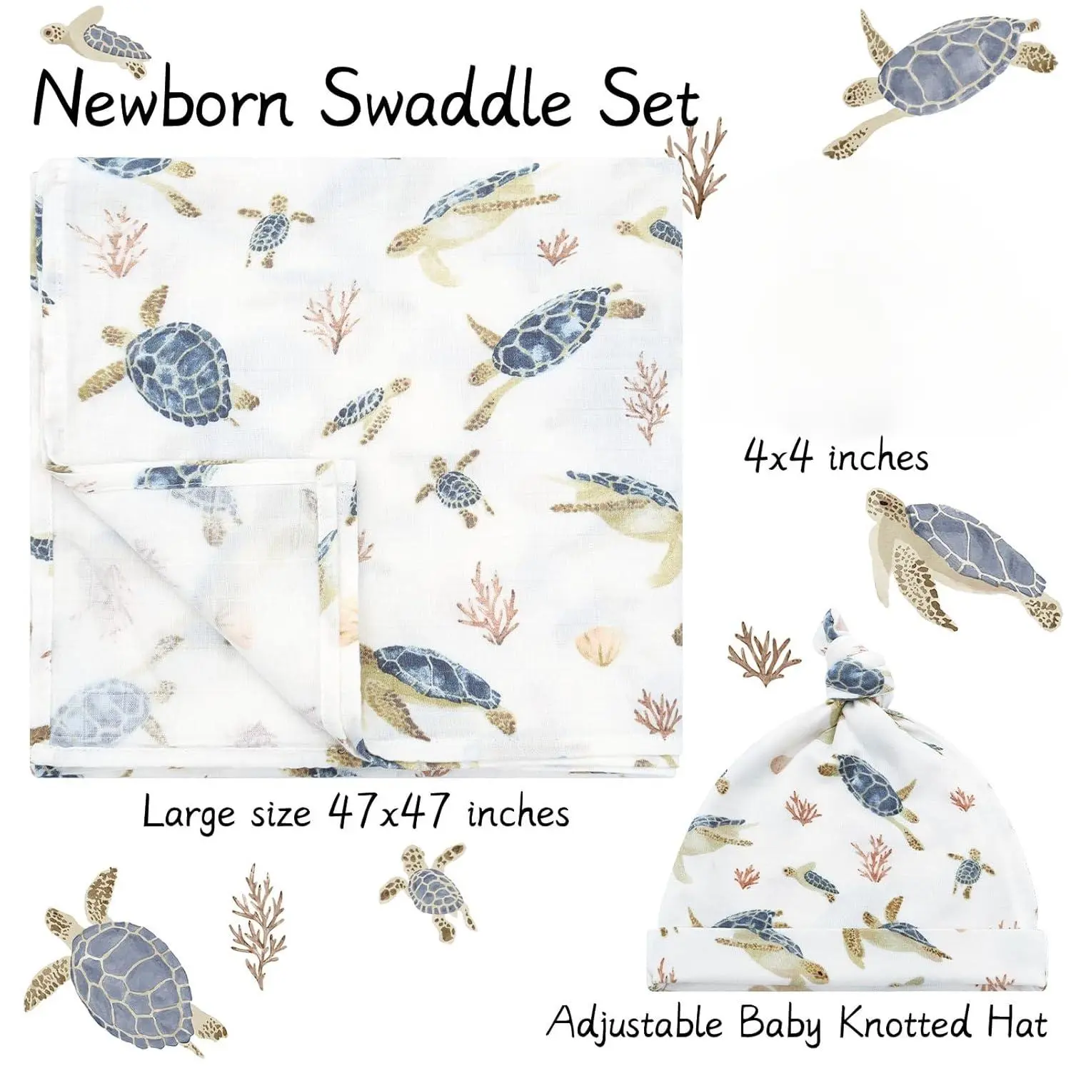 Muslin Swaddle Blankets, Muslin Baby Boy Swaddle Blanket and Hat Set with Birth Announcement Card, Newborn Unisex Neutral Receiving Blankets，baby blankets