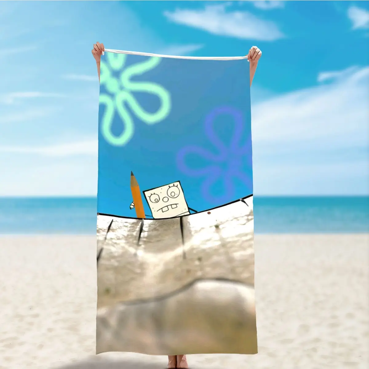 Doodle Baby Beach Towel Soft Super Absorbent Microfiber Lightweight Absorbent Quick Dry Perfect for Beach Party Travel Camping Spongebob Classic Scene Design Beach Towel