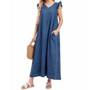 UTCOCO Women's Summer V Neck Long Denim Dress Casual Loose Ruffle Sleeveless Dress Minimalist V neck Womenswear sundress, Basic, Casual Wear