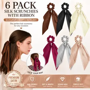 6 Pack Silk Bow Scrunchies, Cute Satin Hair Ties with Knotted Bows, Soft Non-Damaging Elastic Hair Bands for Women Girls, Elegant Hair Ribbons for Daily Use Gift#SummerVibes