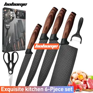6 Piece Kitchen Knife Set - Chef Knife Set with Non-Stick Stainless Steel and Ergonomic Wood Handle - Kitchen Knives, Block Knife Block Wooden