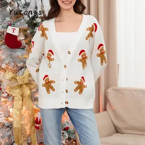 Women's Christmas Cardigan Gingerbread Man Pattern Button-front Long Sleeve V-Neck Ribbed Knitted Sweaters
