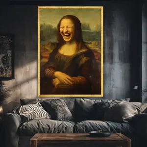 Laughing Mona Lisa Canvas Humorous Wall Art Classic Portrait Parody Funny Renaissance Painting Unique Home Decor Retro Wall Art for Modern Interiors