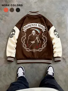 Men's Baseball Jacket 100% Polyester Durable Wind-Resistant Black & Apricot Colorblock Skull Grim Reaper Graphic Varsity Coat Vintage Retro Old-School Casual Sports SWAG Streetwear Light Fleece-Lined Winter Jacket Trendy Gift for Boyfriend
