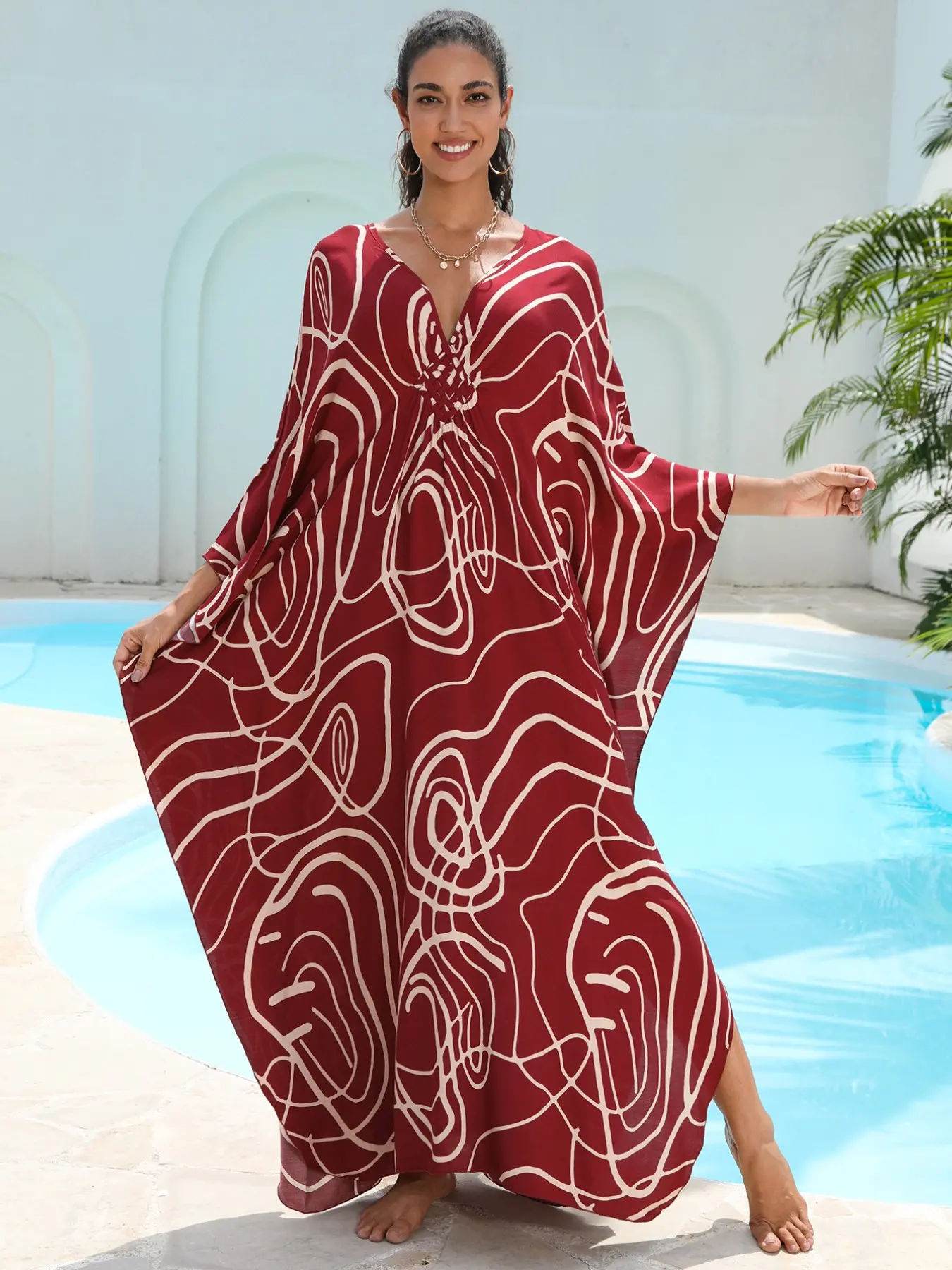 Women's Boho Kaftan Beach Cover-Up, Swimwear Cover Up, Beach Coverups, Beachwear Cover Up, Bohemian Cover Up, Handwoven Wine Line Print, Loose-Fitting Sun Protection Bikini Outerwear, All Seasons