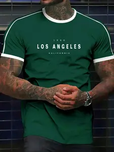 Men's Letter Print Contrast Binding Short Sleeve Tee, Casual Round Neck T-shirt for Daily Wear, Knitting Top for Men, Athletic T Shirt
