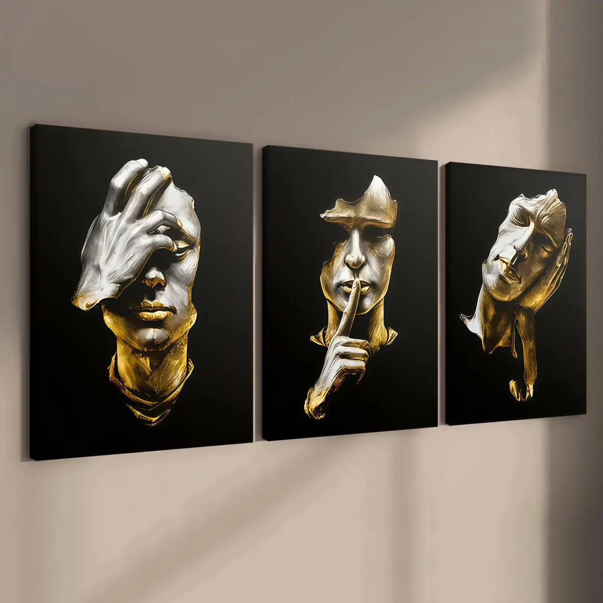 3-count wooden frame canvas, Canvas Prints, posters that don't listen, look or speak, light luxury abstract figure decoration, Abstract Face Design, family posters, modern home decor, waterproof art, Art Work For Wall Decor