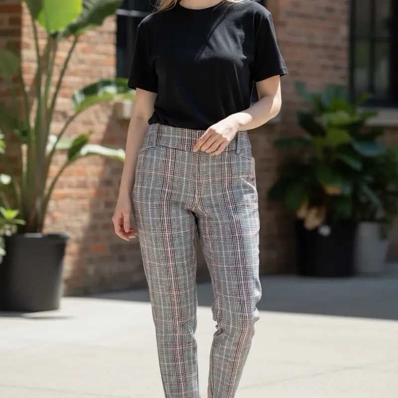 High-waisted Plaid Trousers with Relaxed Fit for Preppy Workwear Style
