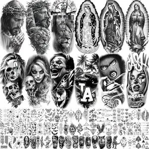 74 Sheets Chicano Jesus Christ God Temporary Tattoos For Men Women Adults Arm Cholo, Guadalupe Half Arm Sleeve Fake Tattoo Sticker Mexico West Coast Culture, Temp Chicana Prison Halloween Tattoo Chola