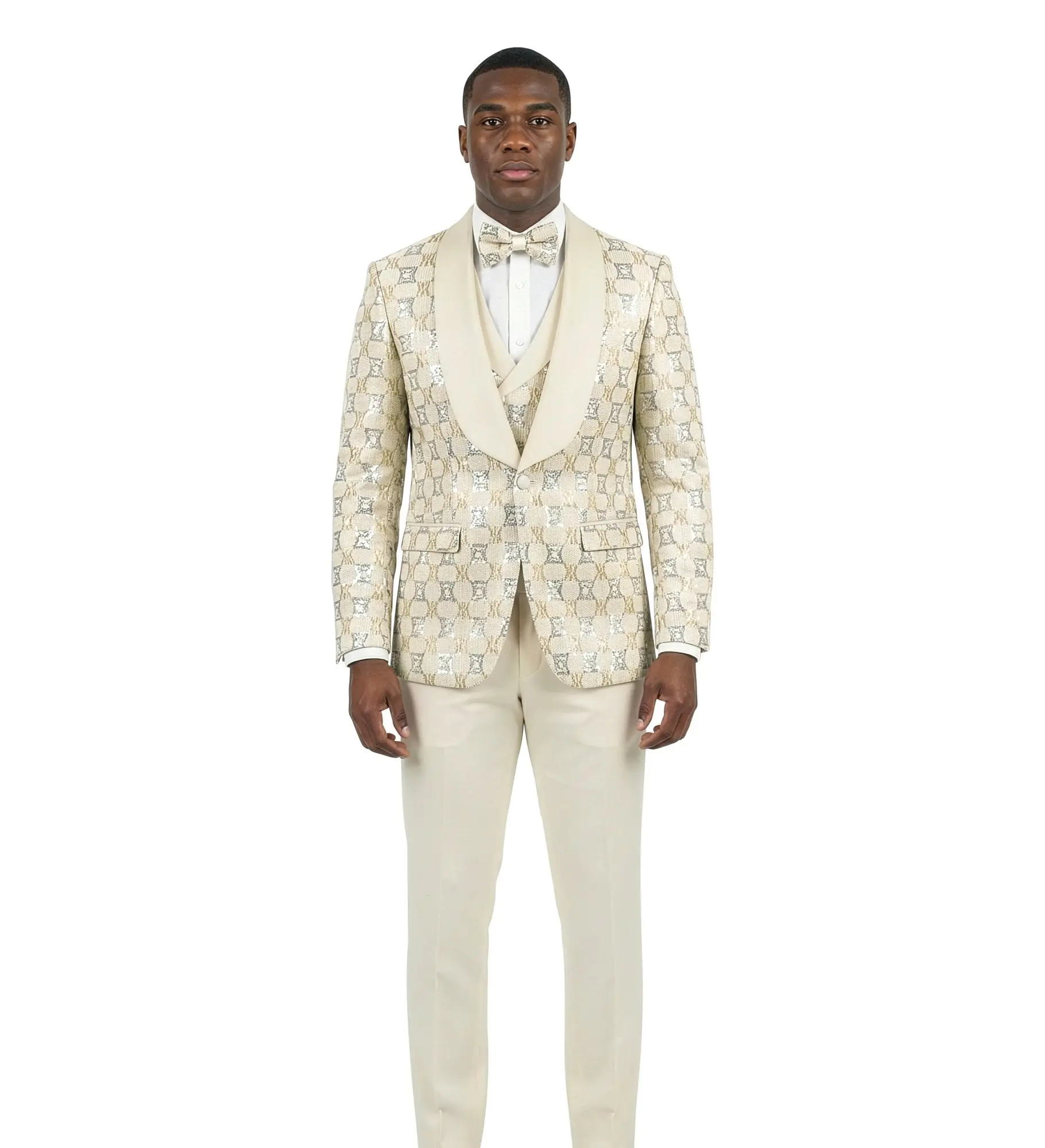 Ivory Sequin Diamond 3-Piece Tuxedo | Groom Statement Wedding