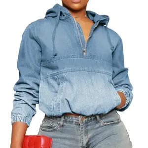 Women's Half Zip Denim Hoodie Pullover Jacket Jean Tops