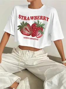 Women's Strawberry Print Round Neck Loose Crop Tee, Casual Fashion Short Sleeve T-shirt for Daily Wear, Ladies Summer Clothes