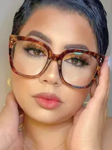 Square Large Frame Anti-Blue Light Glasses, Leopard Print Metal Circle Design, Casual Fashion, Daily Wear, Work, School, High Quality Eyeglasses