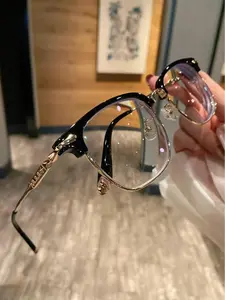 Gothic Luxury Browline Blue Light Blocking Glasses, Handcrafted Vintage Cross Carved Frames, Elegant Semi-Rimless Computer Glasses for Women, Retro Aesthetic Fashion Eyewear，Stylish Clear Lens Eyeglasses for Office Work. Premium Lightweight Optical Frame