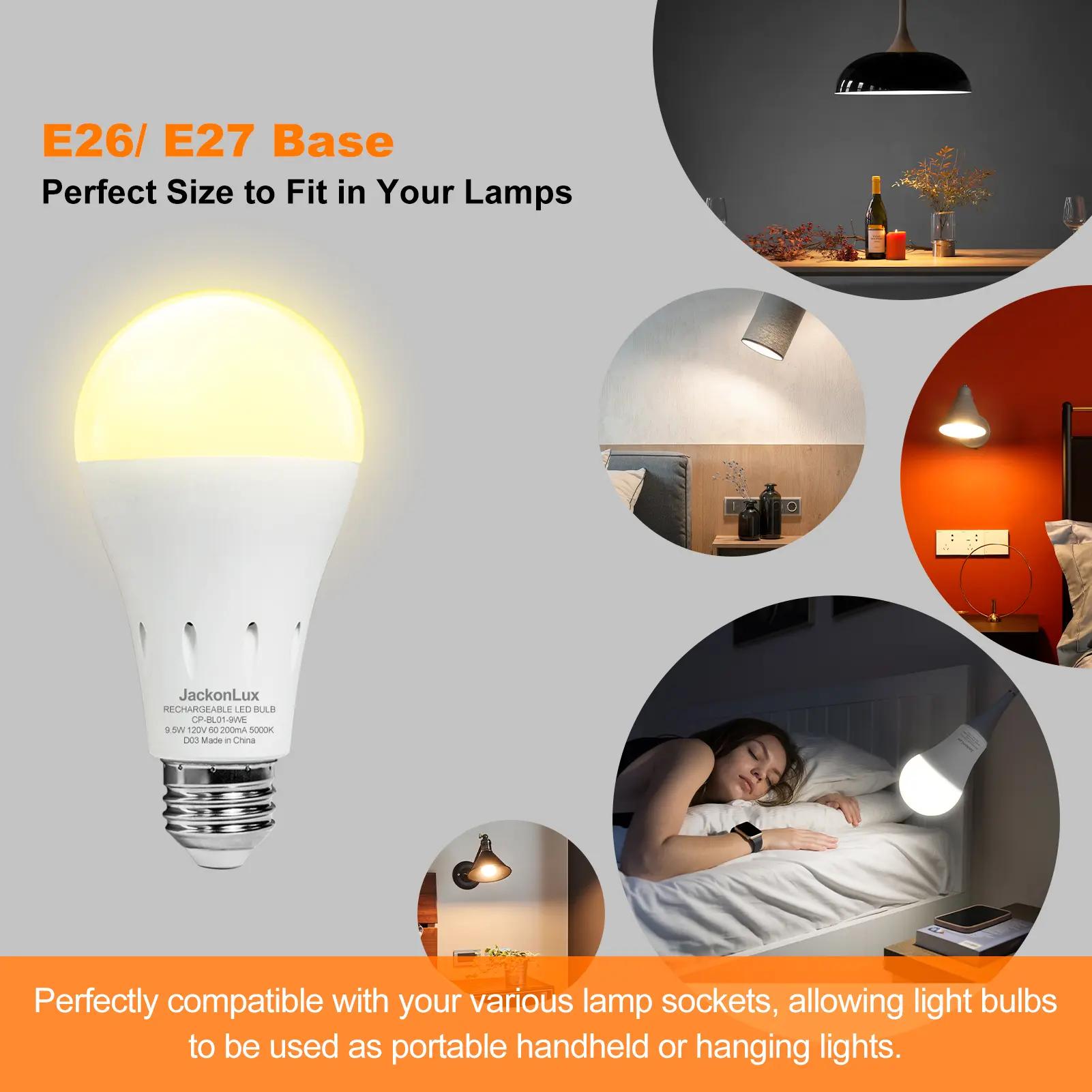 4 Pack Rechargeable Emergency Light Bulbs A21, Camping Lamp Battery Powered LED Light Bulb 3000K Daylight E26 E27 120 Volt 12W 60W Equivalent with 2000mAh for Home Power Outage Camping Hurricane incandescent light emergency light bulb