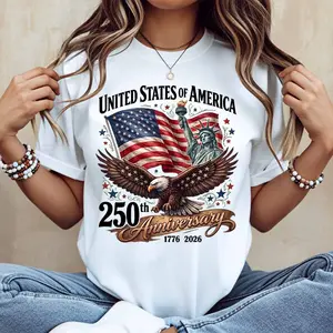 United States Of America 250th Anniversary Eagle And Flag Print T Shirt White Casual Short Sleeve For Everyday Wear And Outdoor Activities