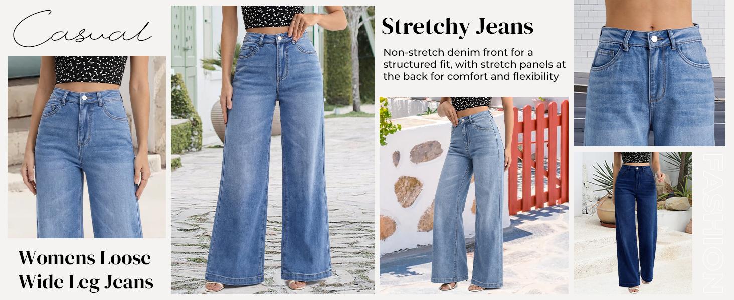 EMMIOL Women's 2026 Wide Leg Jeans Cotton Stretch Baggy Jeans Mid Waist Boyfriend Denim Pants Vintage Trousers with Pocket