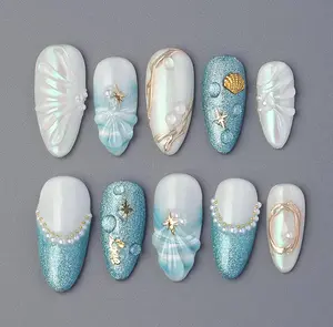 Summer Blue Press on Nails Short Almond, Ocean Pearl Acrylic Press on Nails Gold Charms, Handmade Seashell/Shell/Beach Nails for Vacation