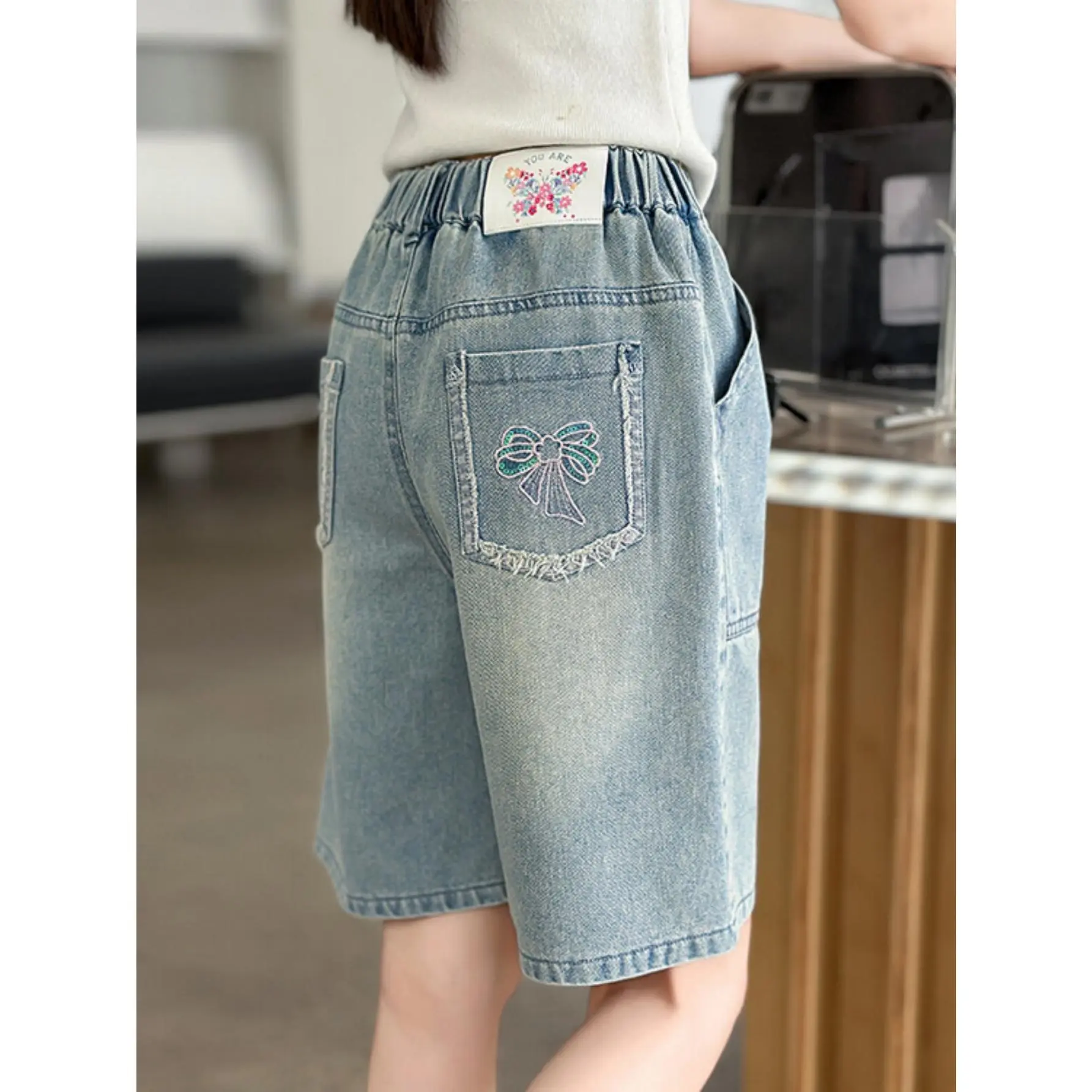 Girls' Denim Capri Pants, Casual Loose Fit with Animal Print, Bow & Sequins for Summer Outdoor Play, Clothes, Capri Pants Outfit, Denim Pants