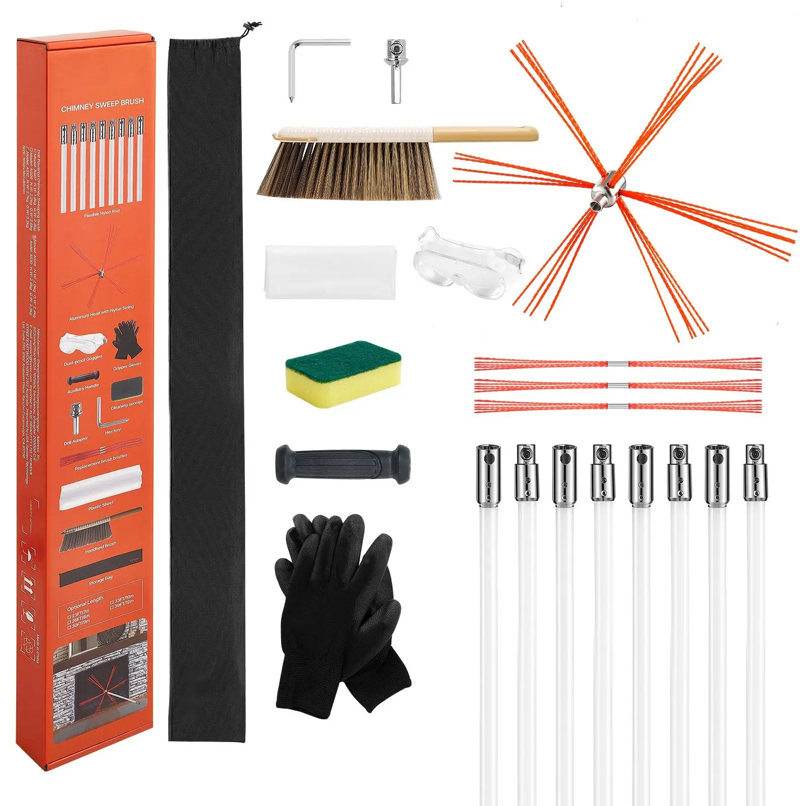 Chimney Sweep Kit With 26-Ft Extendable Chimney Brush, Bristle Replacements And Goggles, 90-Degree Bendable Fireplace Cleaning Tool For Square Or Rectangular Chimneys, Residential And DIY Fireplace Maintenance