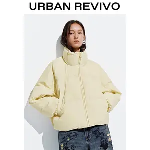 URBAN REVIVO Women's Elegant Style Long-Sleeve Funnel Neck Quilted Down Coat - Solid Color Outerwear, UYY150057