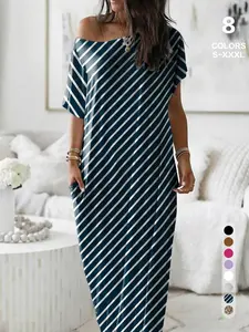 TFNOSIZE Women's Plus-Size Off-Shoulder Loose-Fit Short Sleeve Striped Floor-Length Loungewear Maxi Dress - Women's Clothes, Minimalist, Asymmetric Cut, Breathable, Comfortable for Everyday Use, Home Relaxation summerwins
