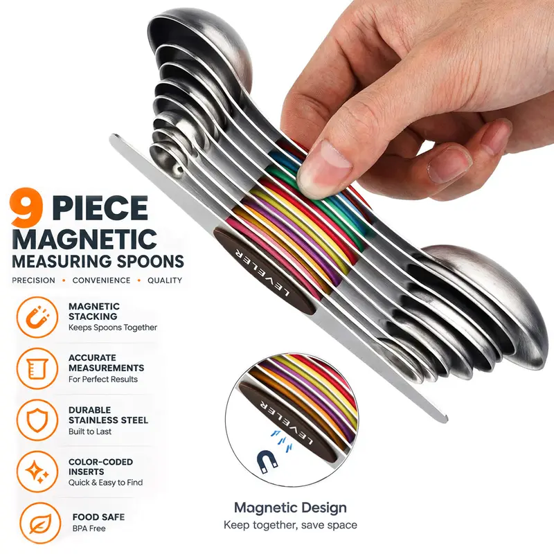 9-Piece Sturdy Metal Stainless Steel Magnetic Measuring Spoon Set - N45 Magnet Hold, Double-Sided Magnetic Base, Built-In Leveler, 0-500ml Measurement Markings, Spice Jar Fit, Oval Tin Storage, Kitchen Organization, Liquid Pour Control, Kitchen Utensils