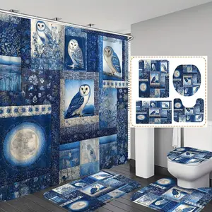 Floral Owl Plaid Shower Curtain Set, Includes Hooks, Non-Slip Bath Mat, U-Shaped Rug, Toilet Lid Cover, Bathroom Accessories
