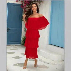 Joyfunear Off Shoulder Tiered Pleated Midi Dress, Elegant Ruffle Layered Cocktail Party Dress for Women