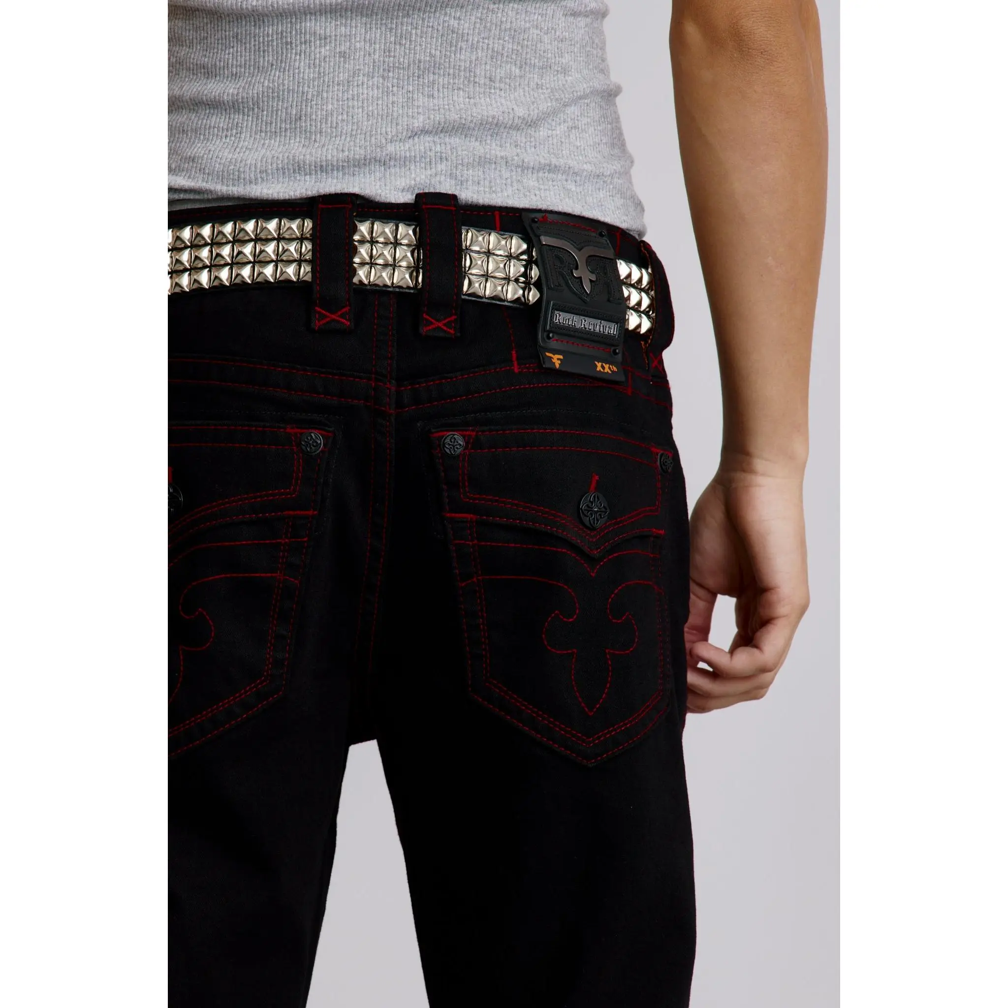 Rock Revival Men's Clark Relaxed Straight Stretch-Fit Denim Jeans - Dark-Colored Full-Length Embellished Patch Pants with Embroidery Accent, Leather Detailing, Black/Red Hues Menswear Bottoms, Dark-Colored Men's Jeans, Full-Length Men's Jeans