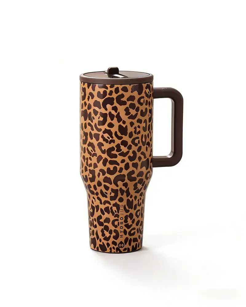 Yellow Leopard Pattern 304 Stainless Steel Tumbler - 1180mL Hydrojug Vacuum Flask, Leak-Proof Design, Rubber Base, Kitchenware Drinkware