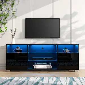 High Glossy LED Black TV Stand for 55/60/65 inch TV,Modern LED Entertainment Center with Adjustable Storage Shelves,Game Console Entertainment Center,TV Table Media Furniture (57inch, Black)