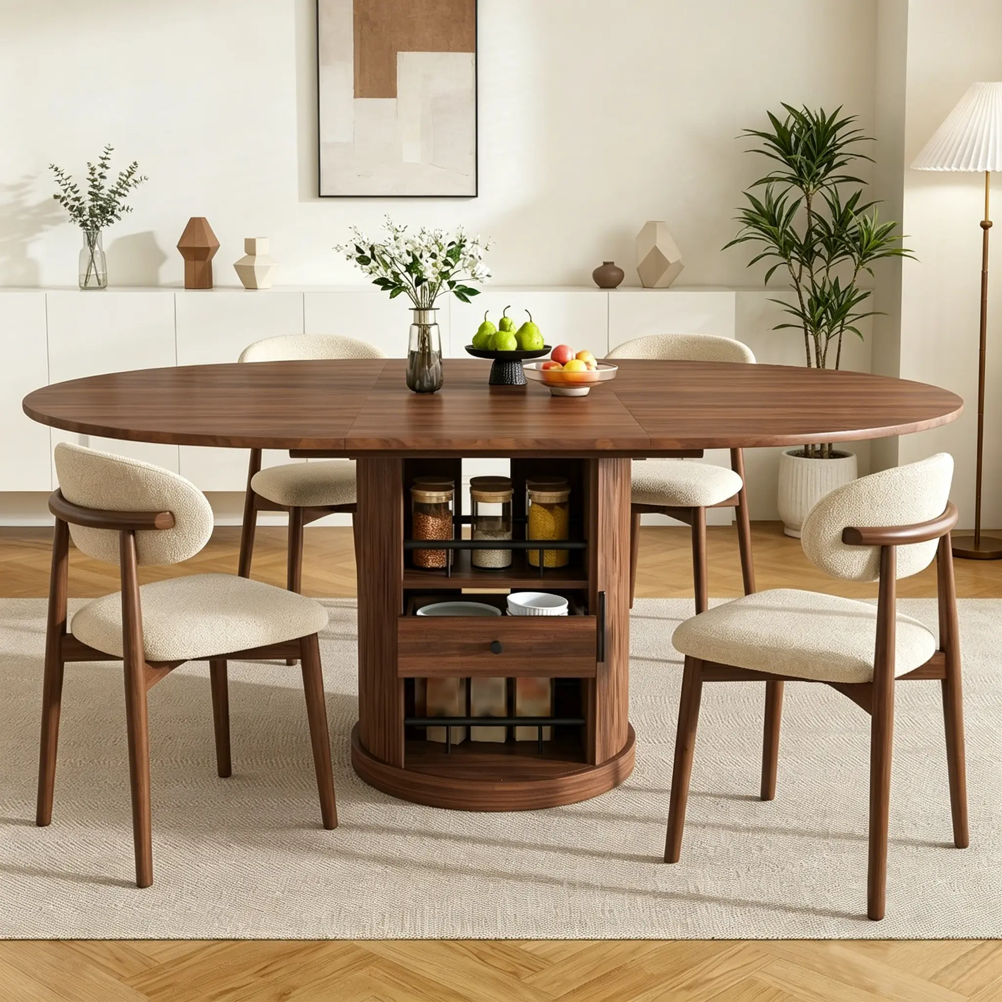 59" Extendable Oval Dining Table with 2-Tier Storage, Space Saving Expandable Kitchen Table for 4-6 Small Spaces, Walnut Brown