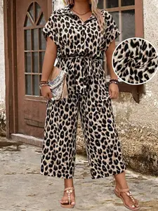 Women's Shirt Collar Drop Shoulder Wide Leg Leopard Print Jumpsuit, Summer Plus Size, Casual Loose Fit One-Piece Romper