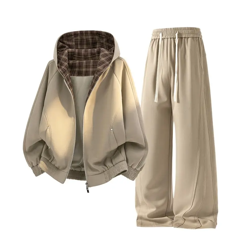 Men's 2 Piece Outfit Reversible Hooded Zip Jacket Plaid Inner Lining Elastic Waist Drawstring Wide Leg Pants Matching Tracksuit Set For Daily Commute Campus Walking Spring Autumn Casual Occasions