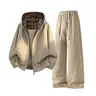 Men's Unisex 2-Piece Streetwear Casual Sports Tracksuit - Long-Sleeve Plaid-Lined Hooded Zip-Up Outerwear + Fitted Drawstring-Waist Straight Pants