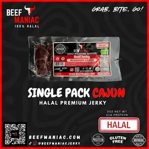 Halal Beef Jerky Single Pack Cajun by Beef Maniac | Natural Hardwood Smoked Premium Jerky Made in Michigan