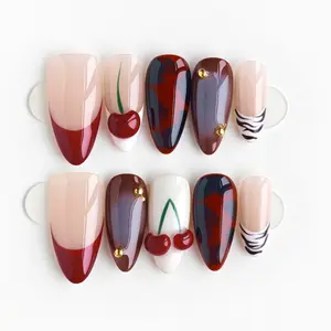 10pcs Handmade 3D French Press On Nails Acrylic - Medium Length Almond Burgundy Nails, Handcrafted Cherry & Zebra Pattern Decor Sweet Trendy Style, for Daily Wear & Party with Jelly Glue & Nail File