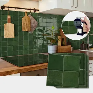 12/24 PCS D-PBS Epoxy Tile Stickers, Retro Dark Green Grid, PET+PU, Waterproof Oil-Proof Wall Decals for Kitchen Bathroom Home Decor