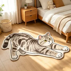 Stretching Short-Haired Tiger Stripe Cat Rug, Japanese Style Cozy Bedroom Bedside Mat, Soft Washable Living Room Sofa Floor Mat