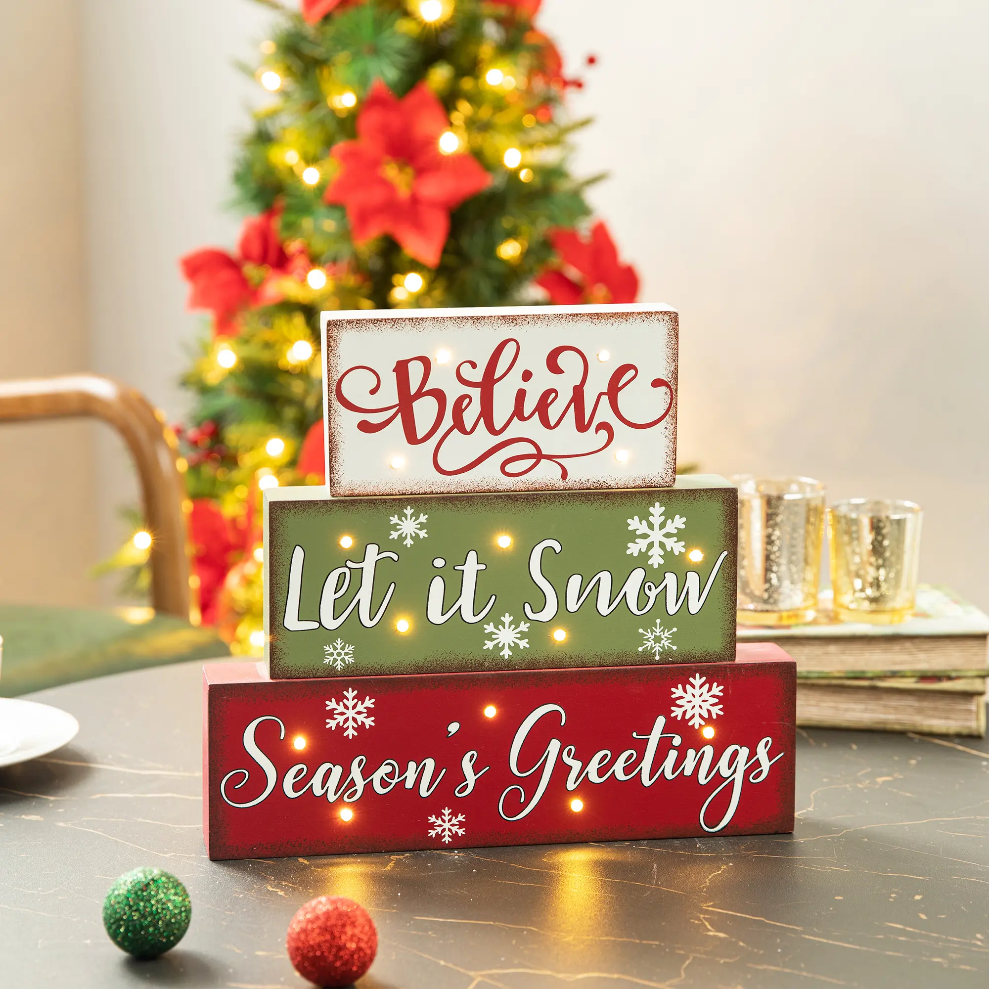 【Christmas in July】 Glitzhome 12"L LED Lighted Wooden/Metal Block Word Sign (14 Bulbs)