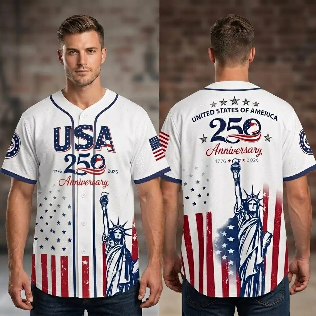 USA 250th Anniversary Baseball Jersey, Patriotic Statue of Liberty Print Shirt, Unisex Independence Day 4th of July Outfit, 1776–2026 Semiquincentennial Patriotic Jersey