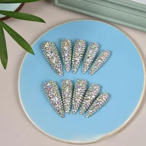 Glitter Line Art Fake Nails, 10pcs/set Long Press on Nails for Women & Girls DIY Nail Art, Elegant Stick on Nails Kit, Glitter Rhinestone