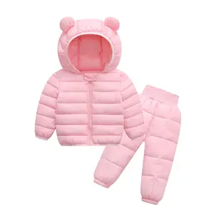 (New)2pcs ' European/American Style Winter Ski Suit Set - Boys & Girls Bear Ear Hooded Jacket & Pants with Coat & Matching Snow Pants, Thickened for Skiing, Ice Skating, Outdoor Play (Pink, Hand Washable), Perfect for Outdoor