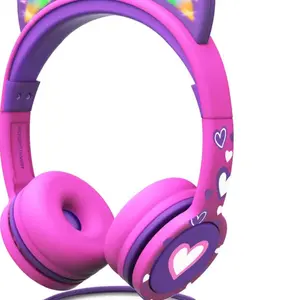 FosPower Kids Headphones with LED Cat Ears (Safe Volume Limit 85 dB), 3.5mm On-Ear Wired Headphones with Laced Tangle-Free Cables for Boys/Girls/School/Travel - Hot Pink/Purple