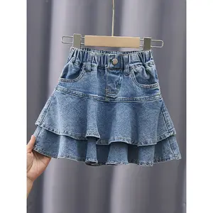 Girls' Layered Denim Skirt with Pockets - Casual Loose Fit Summer Skirt for Youngsters, K-Pop Style, Solid Color, Perfect for Casual Attire, Allseason Skirt, Kpop Style Skirt, Comfortable Fabric
