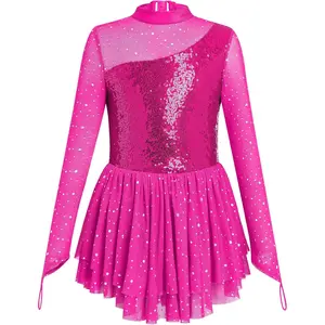 Figure Skating Dress Girl Sparkly Sequin Mock Neck Toddler Ice Skating Rhythmic Gymnastics Leotard with Chiffon Skirt
